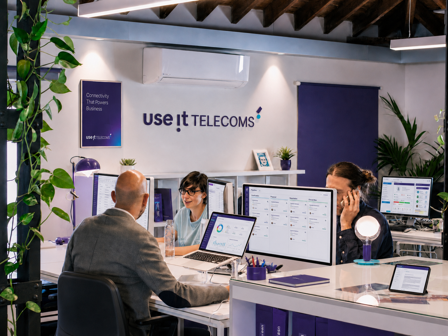 The Use IT Telecoms team at work in their branded office